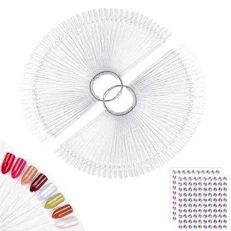 100pcs Fan-shaped Nail Swatches Sticks with Number Stickers, False Fake Nail Art Tips Sticks Polish Gel Salon Display Practice Tools with Metal Split Ring Holder