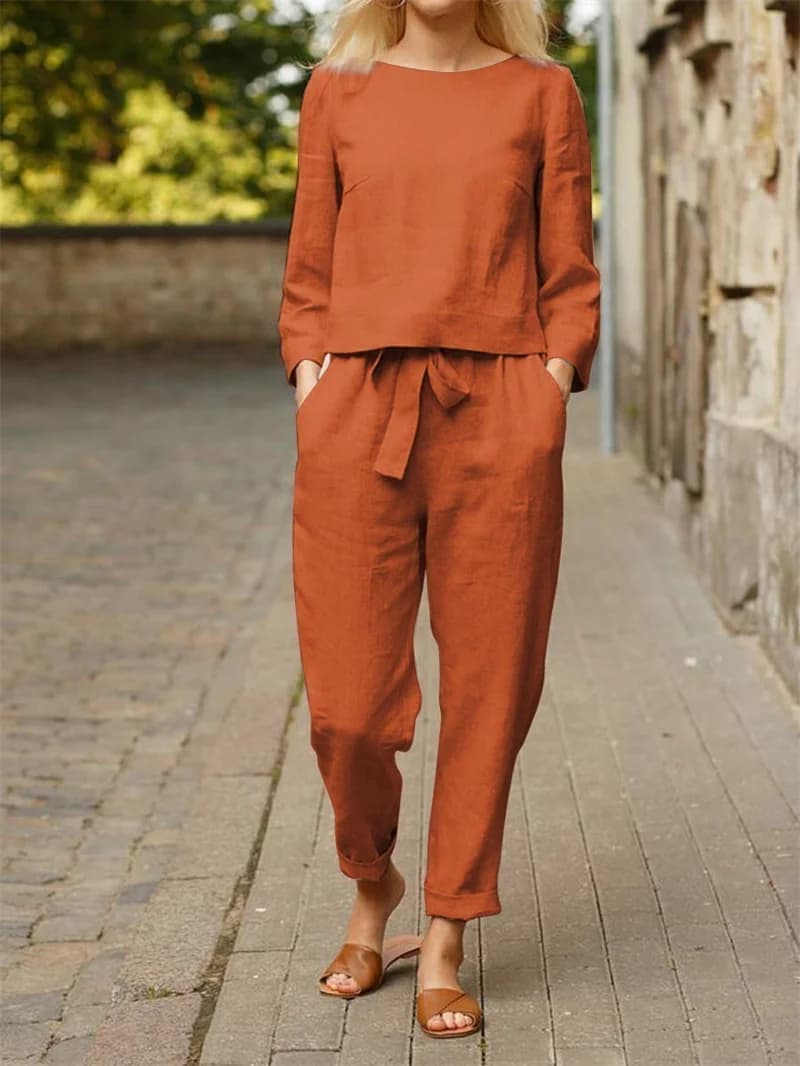 Casual elegante donna 2 pezzi Set moda primavera cotone lino tuta da donna manica lunga Top pantaloni larghi Set femminile