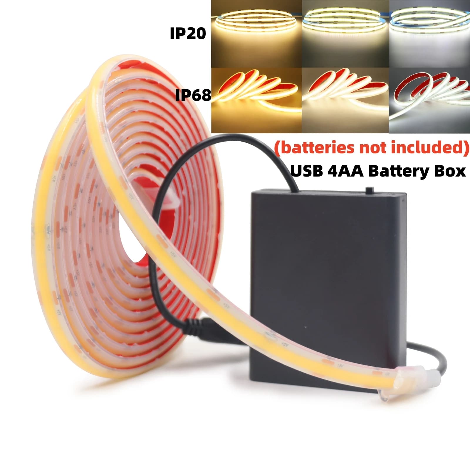 USB 4AA Alimentato a batteria COB Led Strip 5V 320LED/M IP20 IP68 Nastro flessibile impermeabile Nastro 1M 2M 3M Luce notturna Bianco caldo