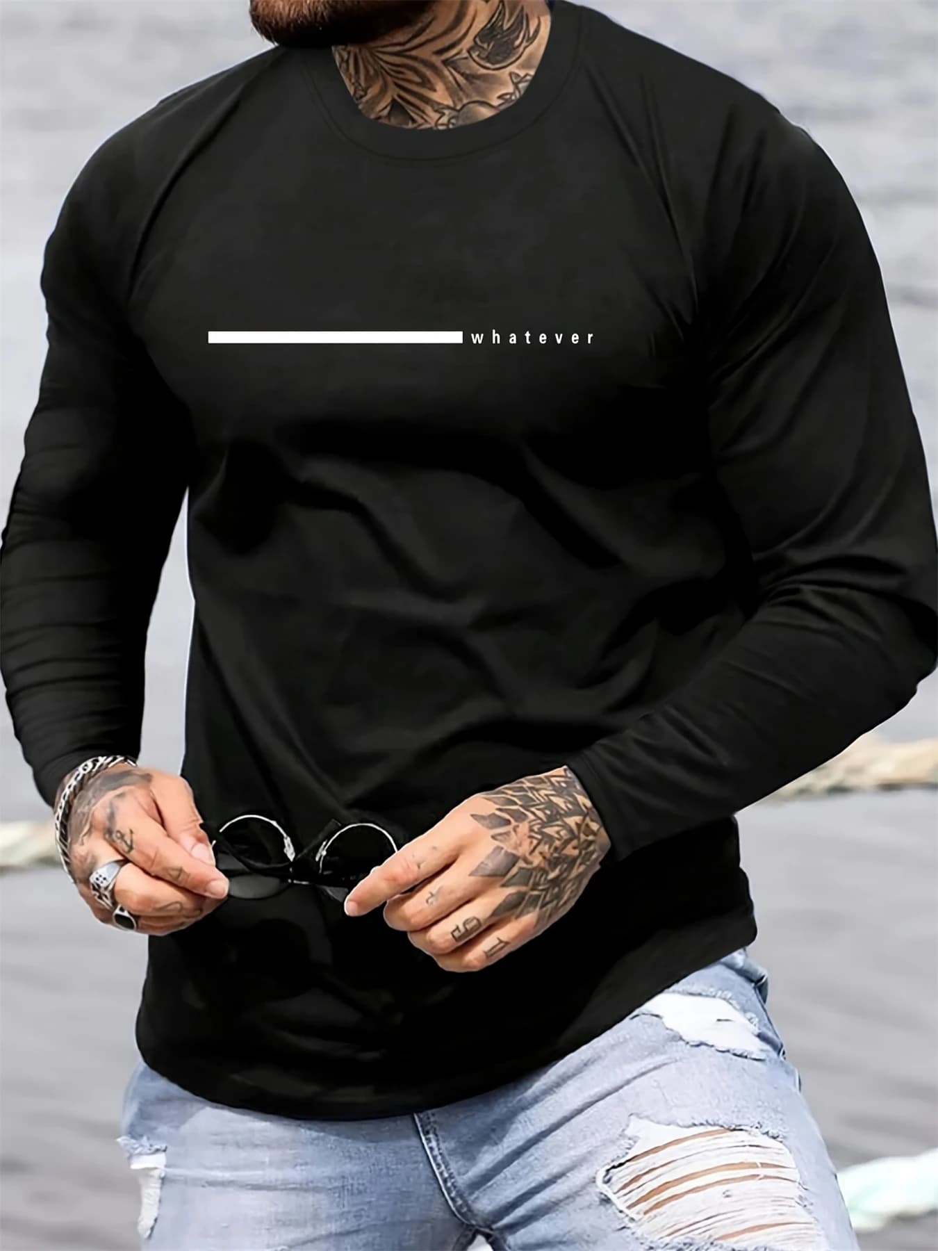 Versatile men's t-shirt with long sleeves 100% cotton, casual, with printed letter, spring and autumn