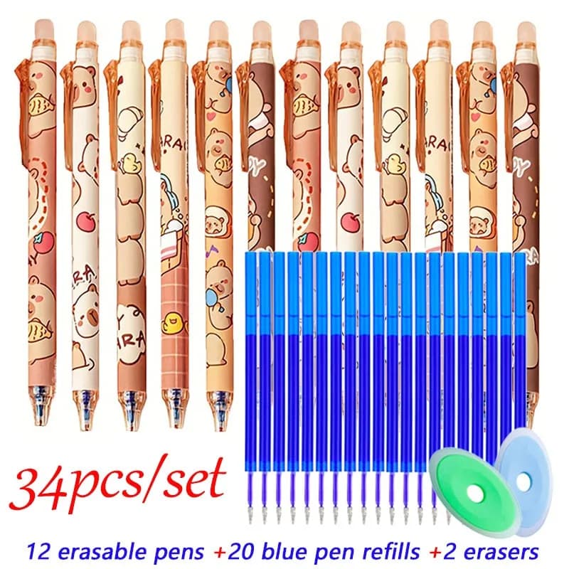 34 pz/set Carino Capibara Penna Gel Cancellabile 0.5mm Inchiostro Blu Retrattile/Punto Fino Adatto per Materiale Scolastico Ufficio Regali per Insegnanti