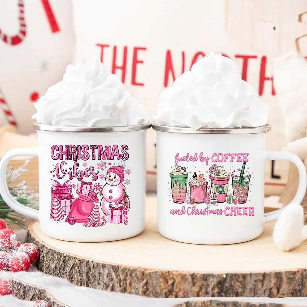 Christmas Vibes tazza smaltata Xmas Pink Style Coffee Latte Cups Christmas Party Drink Juice Beer Mug Xmas Holiday Best Gift Cup