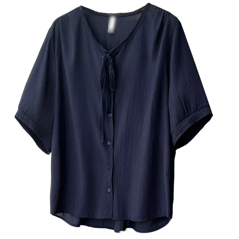 2026 Summer Plus Size Women Shirt Ruffle V Neck Tie Short Sleeve Open Blouse Simple Versatile Fashion Tops For Curvy Ladies 811