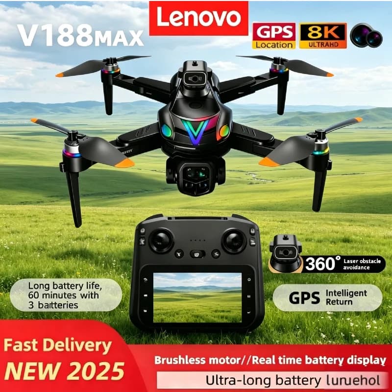 Drone Professionale Lenovo V188 MAX GPS FPV con Telecamera 8K HD, Evitamento Ostacoli, Pieghevole con Telecomando con Schermo