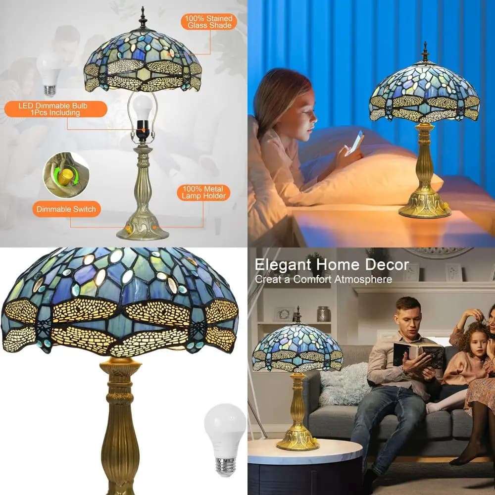 Tiffany desk lamp Dragonfly adjustable with blue glass, LED included, 12x12x18 inch for home decoration