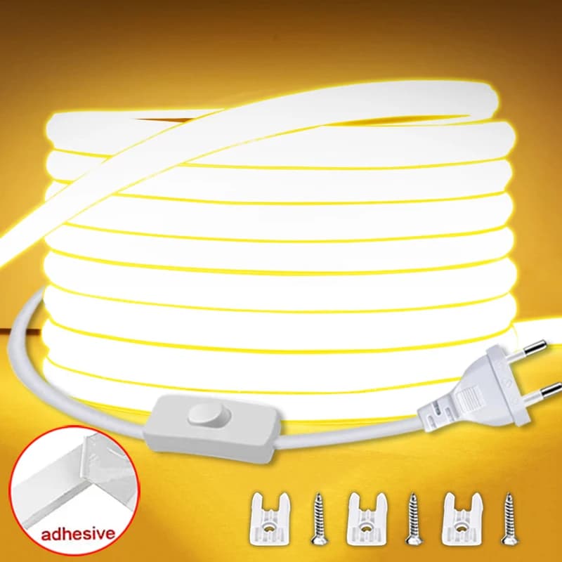 Striscia LED COB ad alta luminosità con alimentazione UE Striscia LED 220V Nastro flessibile impermeabile per illuminazione da giardino esterna per camera da letto