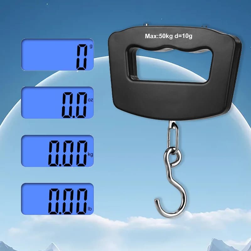 Bilancia digitale portatile Display LCD Peso dei pesci Retroilluminazione Appesa Bilancia da cucina Gancio per bagagli Valigia Bilancia da viaggio 50KG