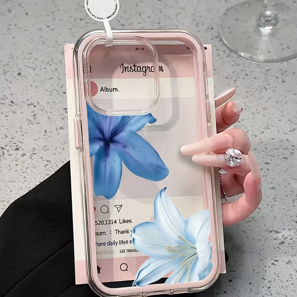 Custodia Trasparente con Fiore di Giglio Blu per iPhone 17 13 16 15 11 12 14 Pro Max 17 Air XR X, Cover Morbida Antiurto in Silicone 2 IN 1