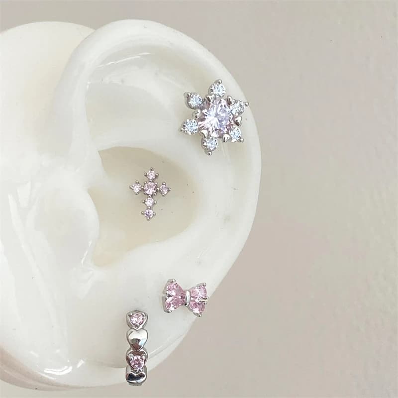1 Pezzo Nuovo Orecchino alla Moda con Zircone Rosa e Cristallo, in Acciaio al Titanio Medicale 316L, per Donna, Gioielli Punk Y2K