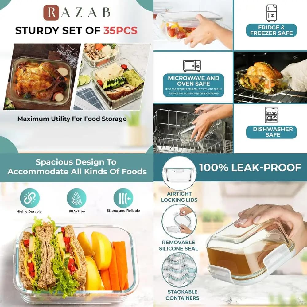 Set di 35 contenitori per la preparazione dei pasti in vetro con coperchi ermetici - Scatole Bento a prova di perdite e senza BPA per la conservazione degli alimenti