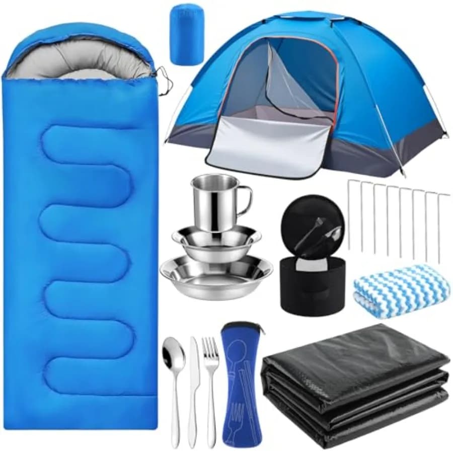 Set da campeggio 11 pezzi per principianti, attrezzatura completa per viaggi all'aperto con tenda, sacco a pelo, set di stoviglie in acciaio inossidabile, impermeabile.