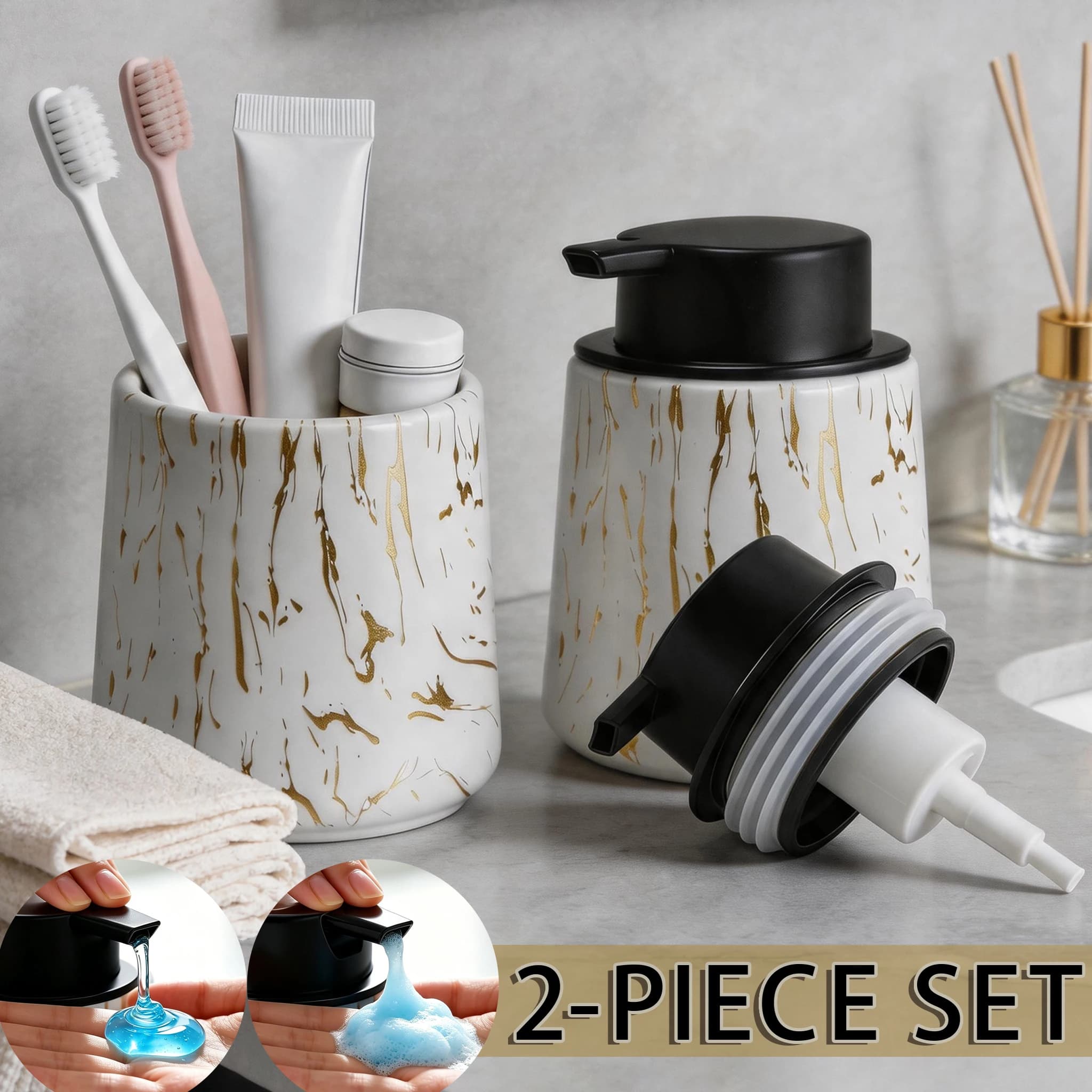 Elegante Dispenser di Sapone in Schiuma e Tazza per Bagno, Dispenser di Sapone e Tazza Portaoggetti con Motivo Marmorizzato, Perfetto per Arredamento Rustico e Casa