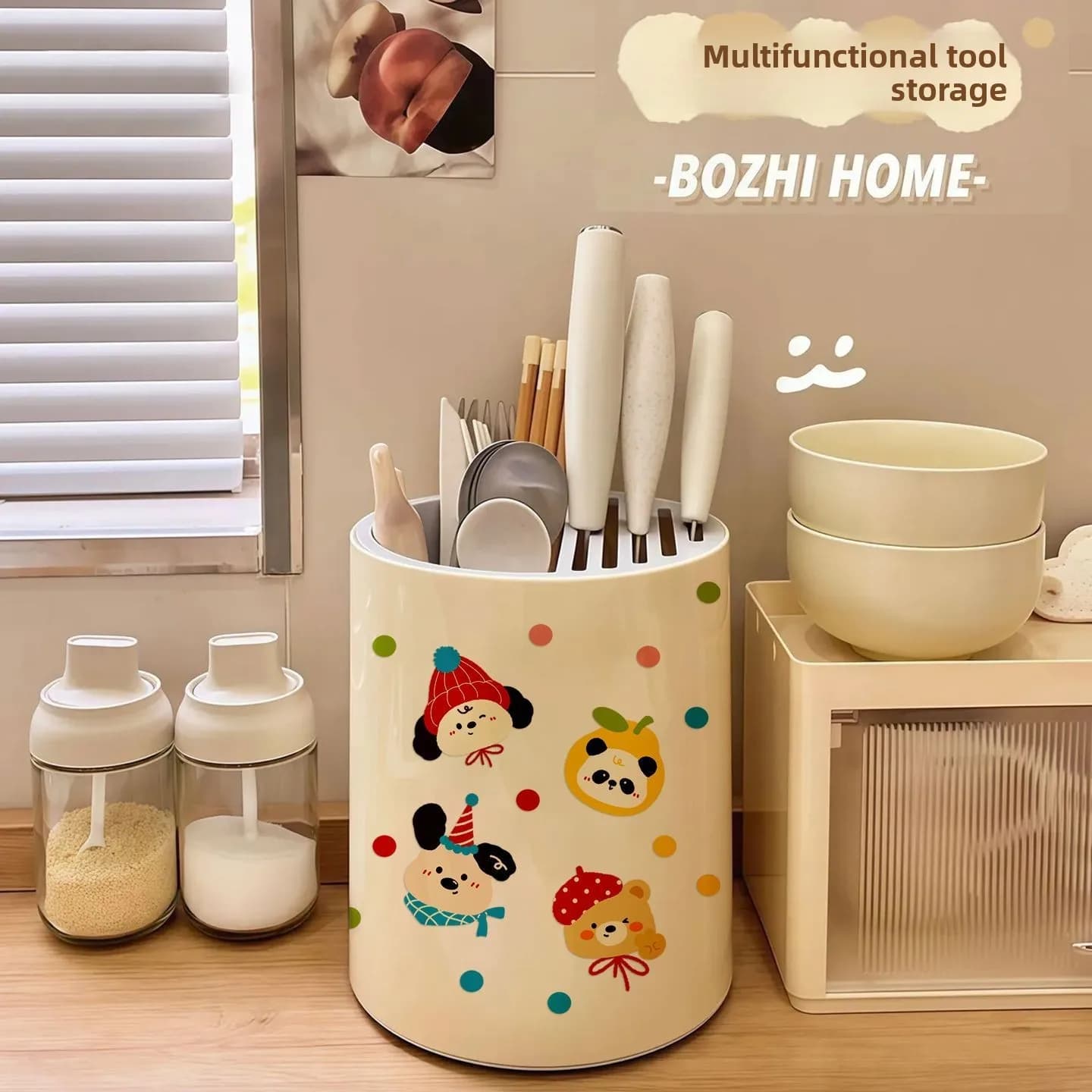 Cartoon rotating knife rack and cage integrated kitchen countertop storage rack, model for holding chopsticks, and utensils