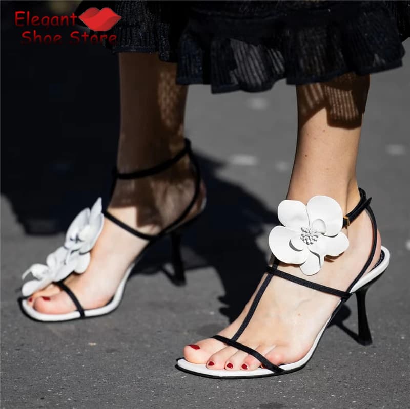 Elegant Flower Decor T-Strap Women Sandals Black White Open Toe Ankle Buckle Thin High Heels Summer New Party Wedding Shoes