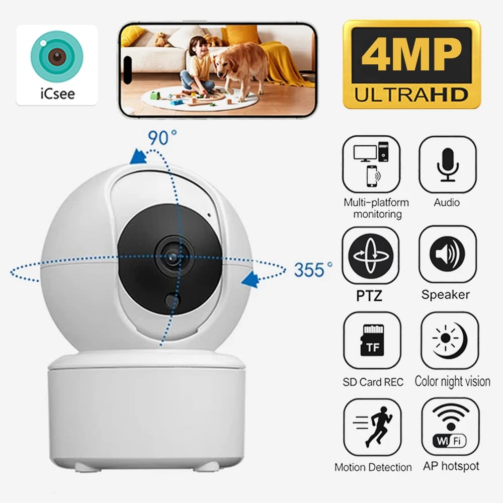 4MP PTZ Baby Monitor Camera - WiFi Indoor Security Cam with Voice Intercom & Night Vision, CCTV Surveillance for Home