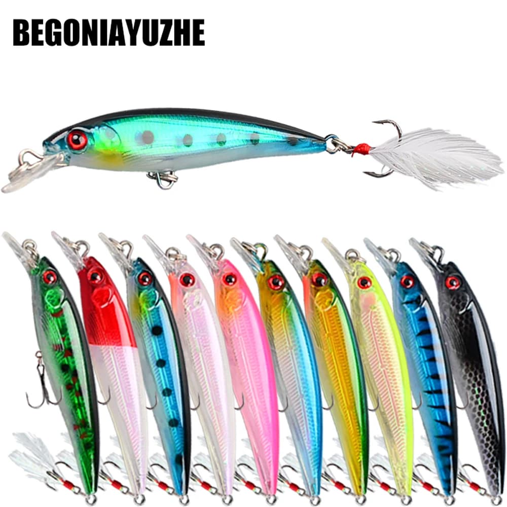 10pcs Bionic Minnow Fishing Lure Set -6.8g Hard Bait with Feather Treble Hooks for Maximum Catch