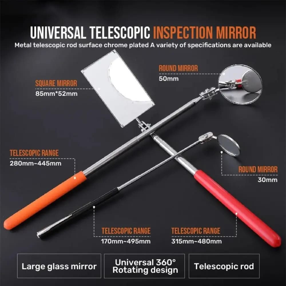 Specchio d'Ispezione Estensibile Trasparente Rotante in Acciaio Inossidabile, Specchio Retrattile Rotondo, Specchio Telescopico Angolare Quadrato per Automotive