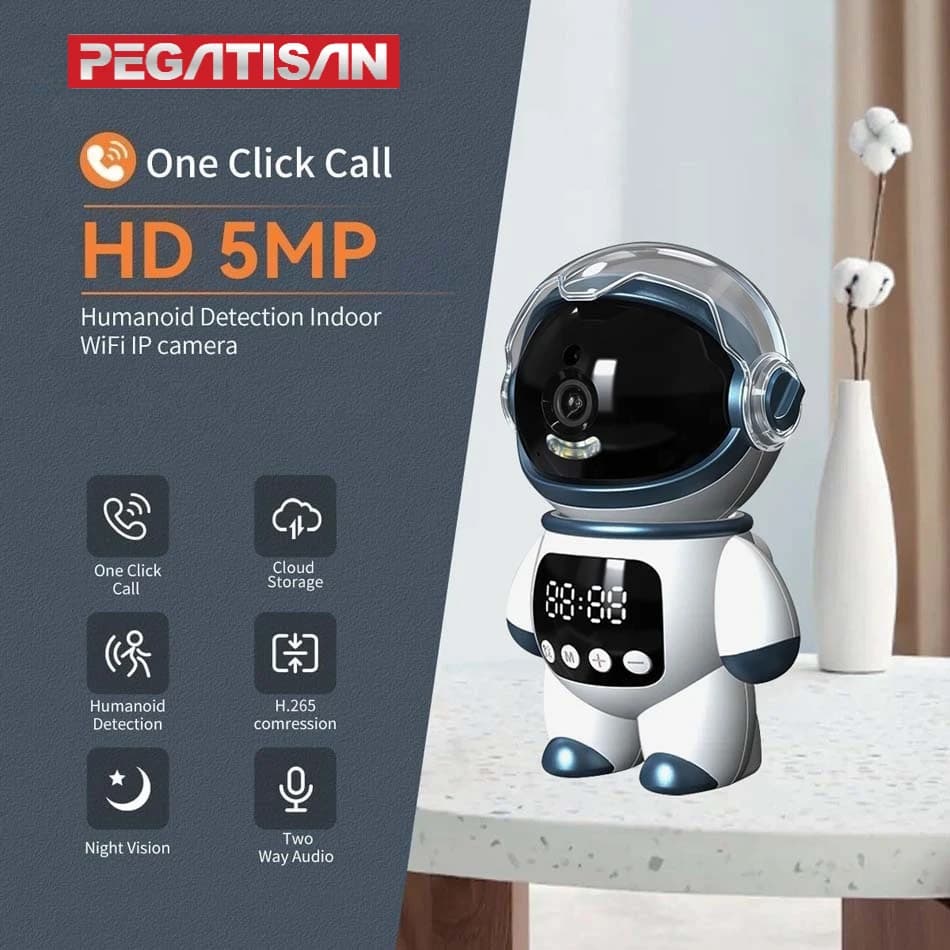 IP camera PTZ Tuya Smart PEGATISAN 5MP WiFi for Interior, Robot Baby Monitor with Audio Bidirectional and Motion Detection, Webcam Robot
