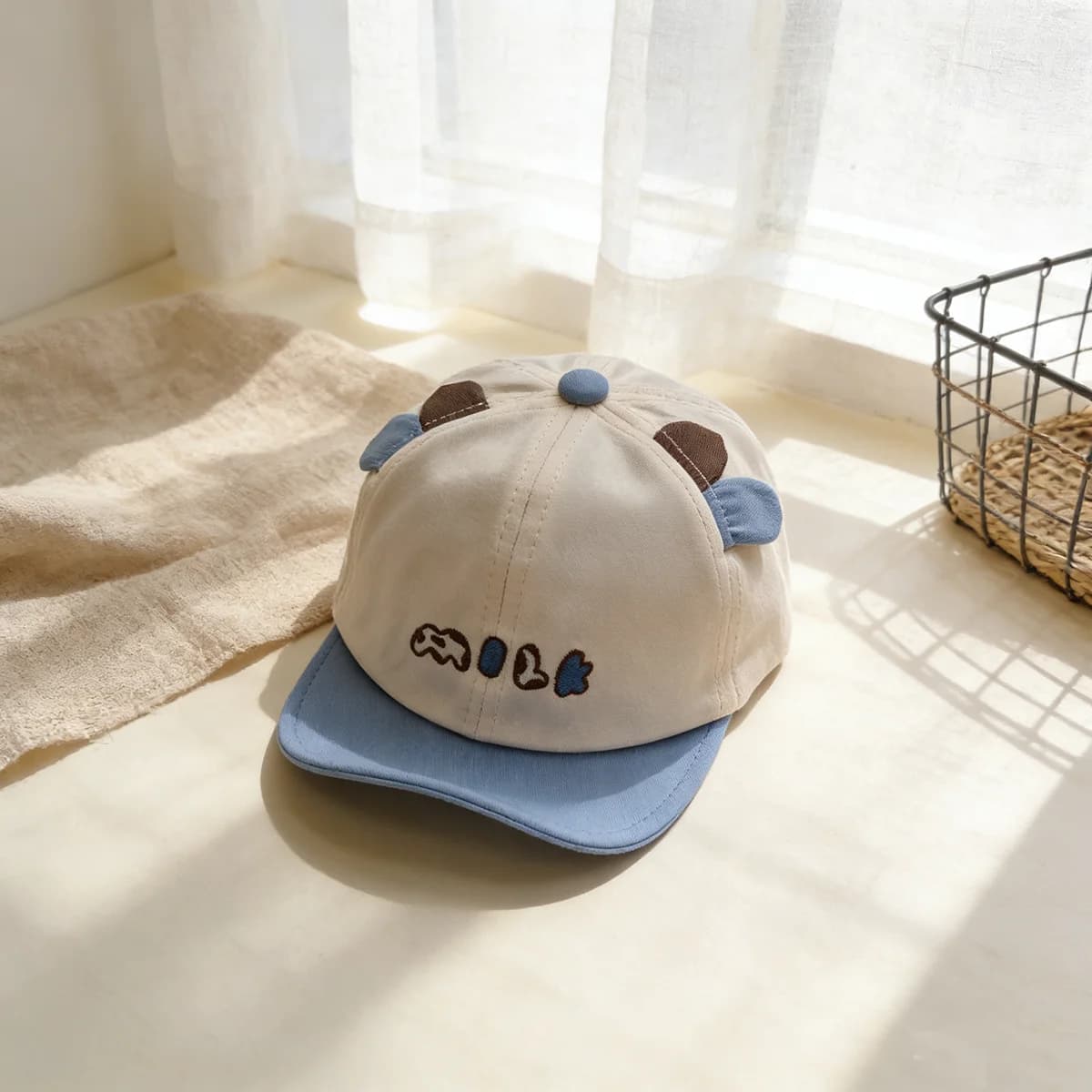 Children's style three-dimensional panda ears, soft-brimmed baseball cap with the same color letter embroidery, for outdoor play