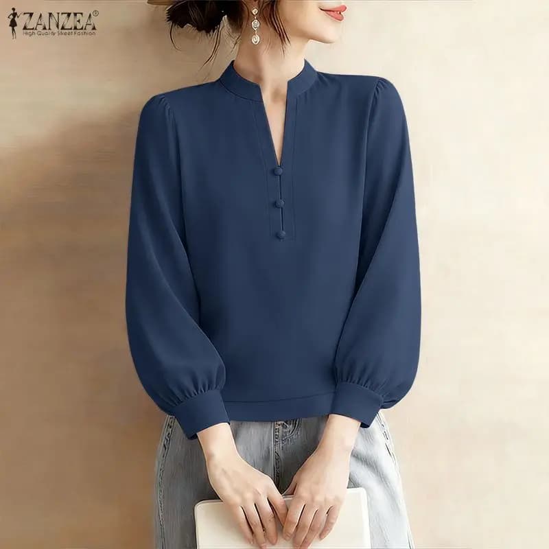 Camicette larghe alla moda eleganti da donna con scollo a V e maniche a sbuffo 3/4 in tinta unita, top pullover ZANZEA primavera estate casual Blusas de Mujer