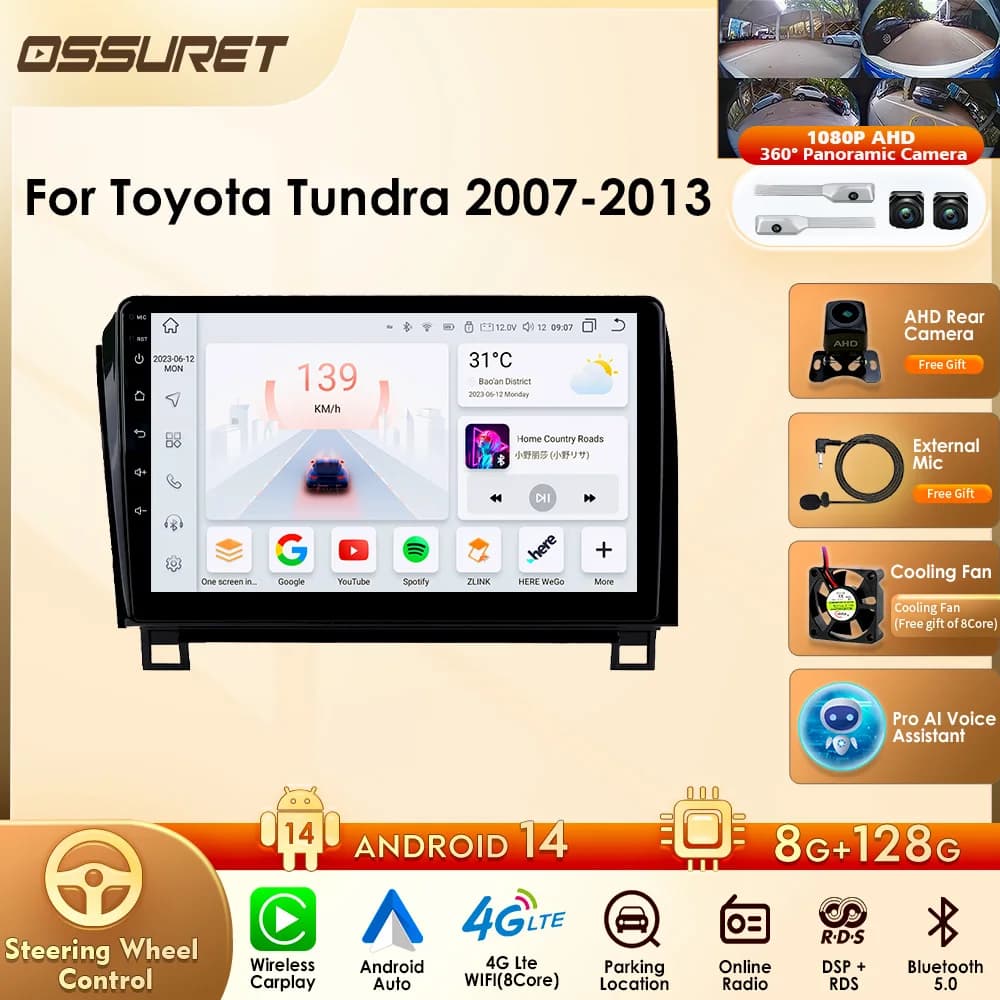 4G LTE Octa Core Android 14 Lettore multimediale per auto Supporto di navigazione GPS Carplay per Toyota Tundra 2007-2013 Sequoia 2008-2017