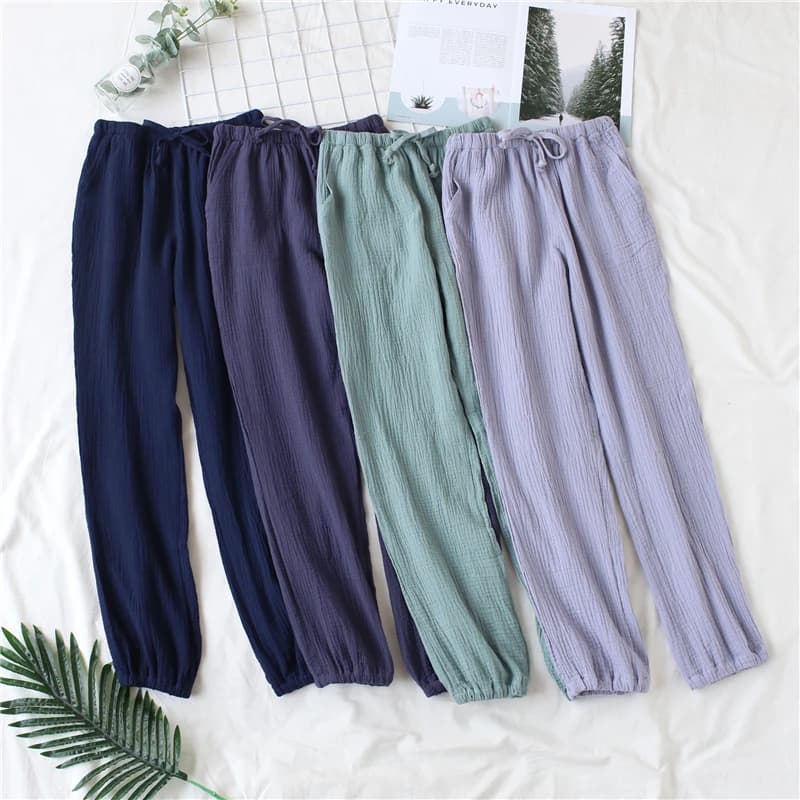Japanese men's and women's pyjamas spring and autumn home pants washed double gauze wide pants and comfortable casual pants