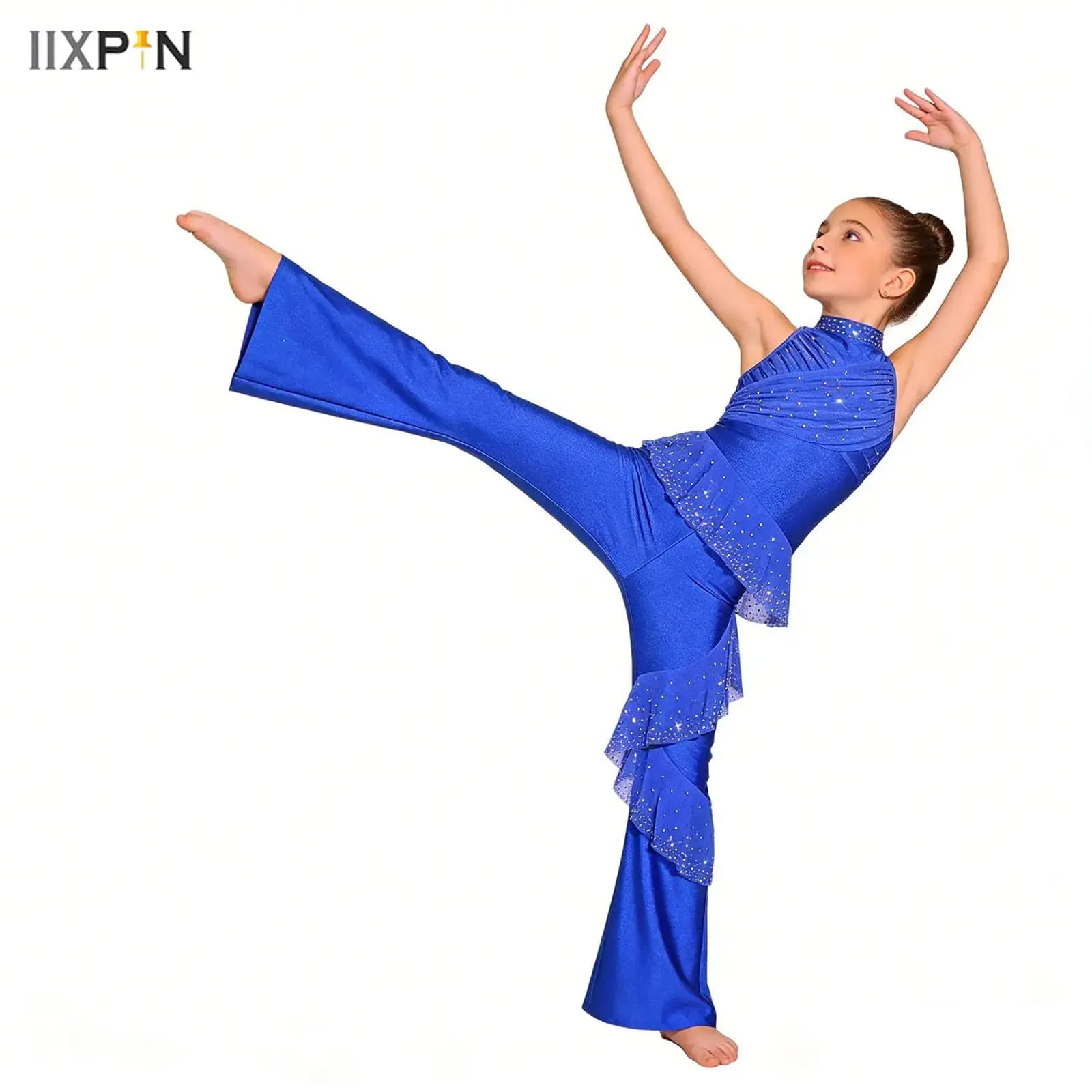 Body da Danza per Bambina Senza Maniche con Strass, Tuta Intera per Ginnastica e Pattinaggio Artistico, Modello Bell-Bottom