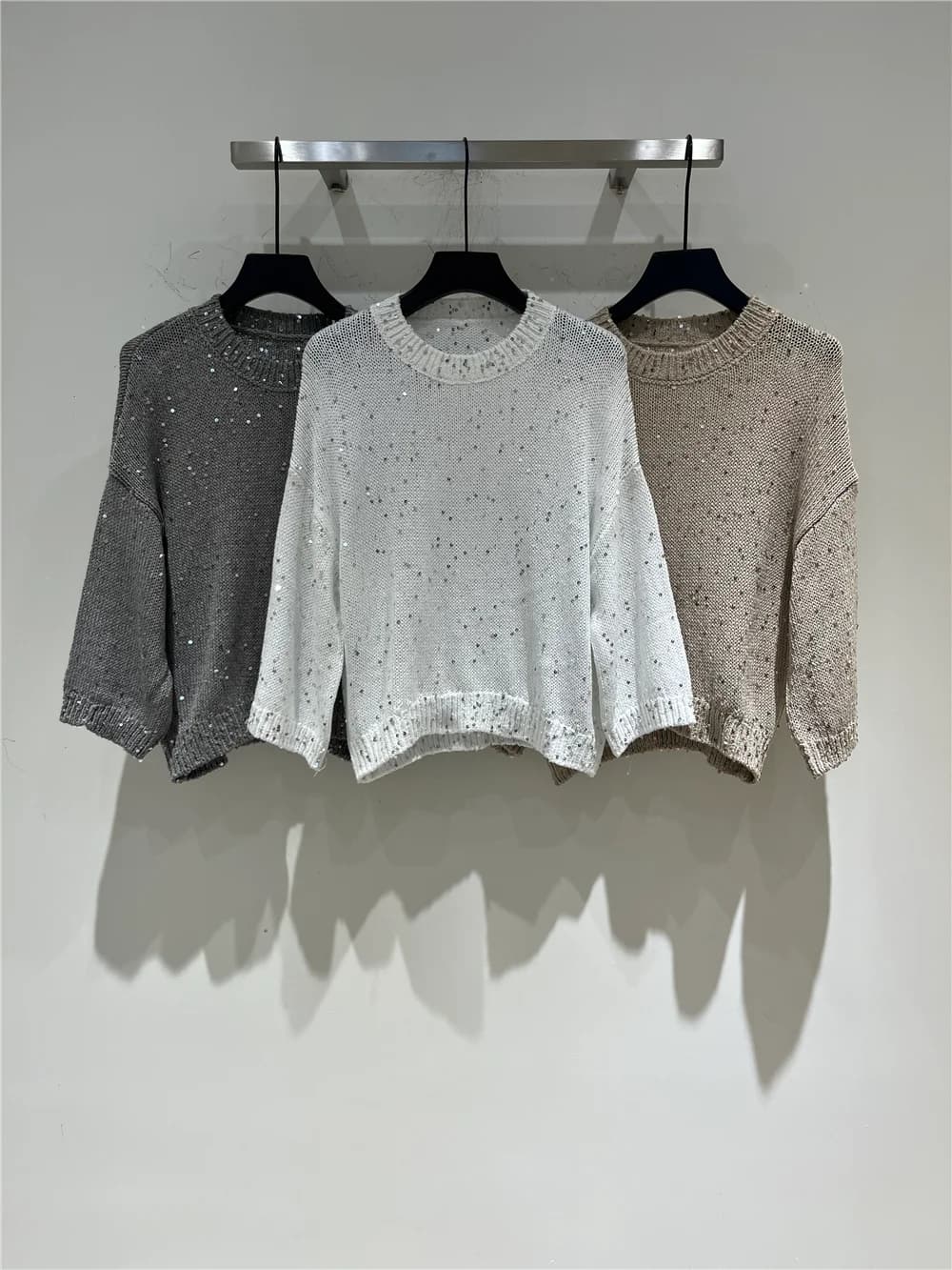 Maglione da Donna con Collo Rotondo e Paillettes in Lino, Elegante Pullover a Maniche Lunghe