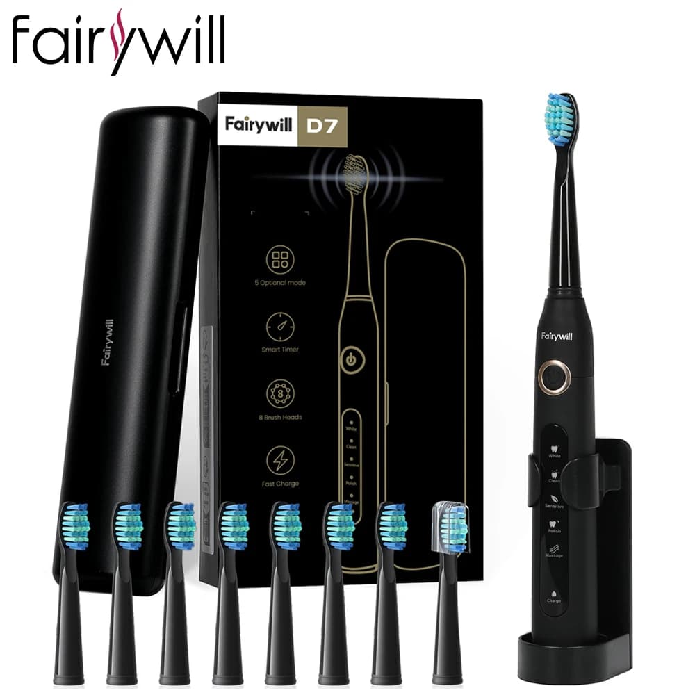 Fairywill FW507 spazzolino sonico elettrico caricatore USB dente 8 spazzolino di ricambio spazzolino elettronico impermeabile con custodia da viaggio
