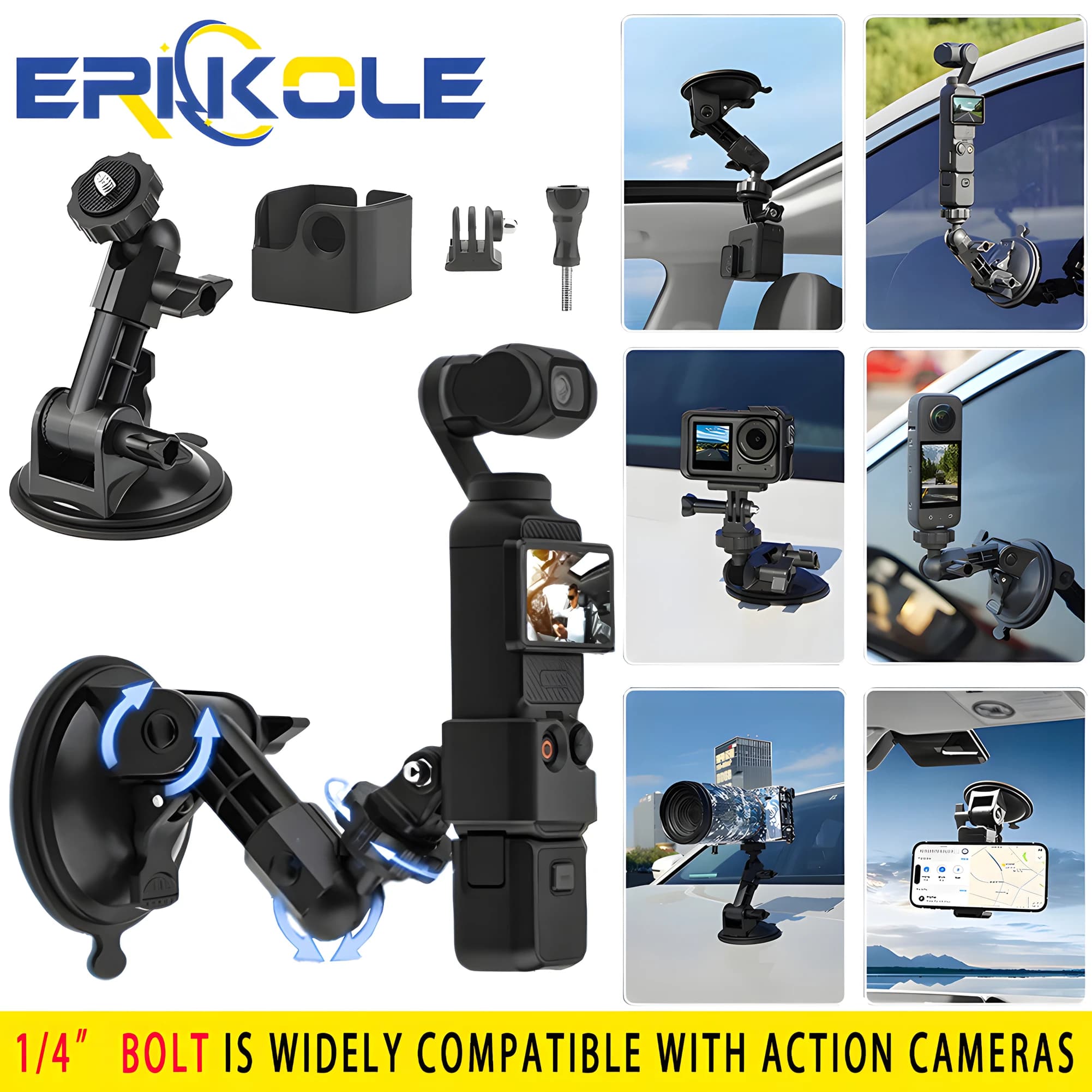 Car Camera Bracket for DJI Osmo Pocket 3 accessories - Stable mounting bracket with Car Suction for Pocket Action Insta-360 series