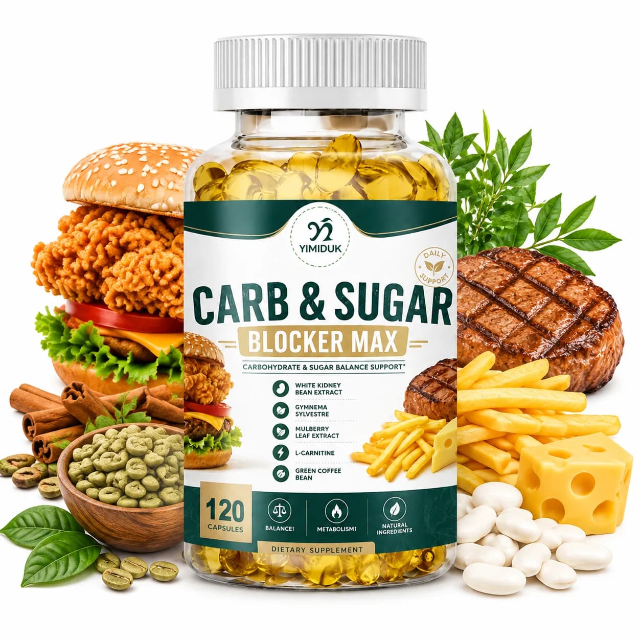 Carb & Sugar Blocker Max Capsules, White Kidney Bean & Green Coffee Bean, Support Metabolism & Calorie Burn, Weight Management