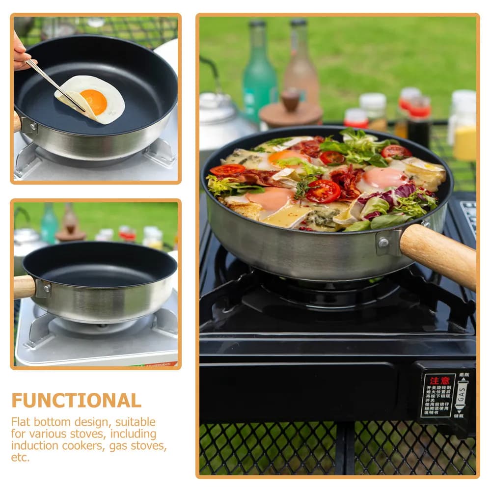 Padella Antiaderente con Manico in Legno, Utensile da Campeggio Portatile per Uova, Pancake, Bistecche, Fondo Piatto in Acciaio Inox per Induzione