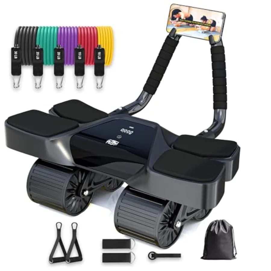 Ab Roller Home Gym Equipment with 4 Wheels and LCD Screen Includes 5Pcs Resistance Bands Ankle Straps Door Anchor Handles Trave