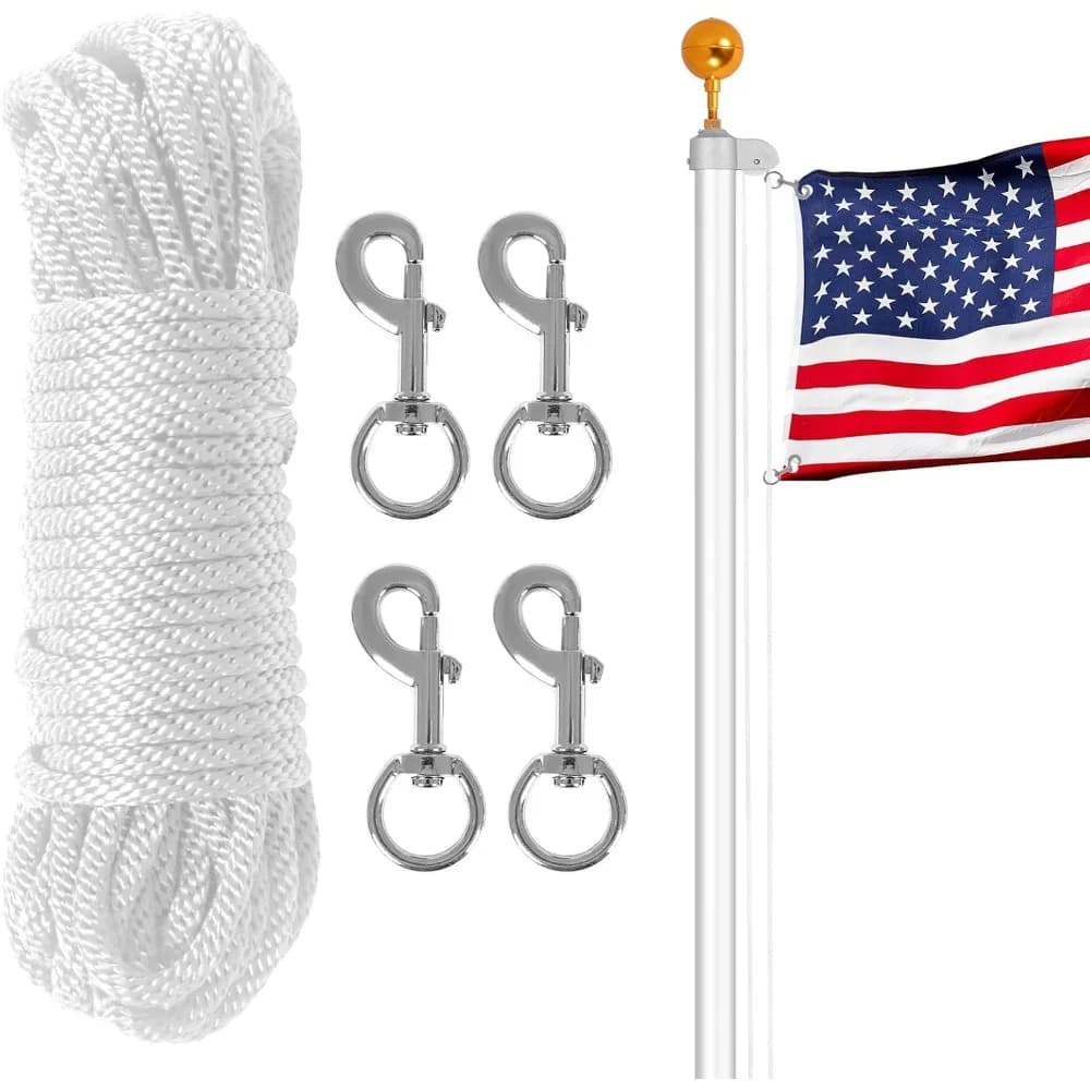 Kit hardware per asta portabandiera - Corda halyard da 50 piedi con 4 moschettoni girevoli per asta portabandiera da esterno, campeggio, stendibiancheria, guinzaglio per cani, s