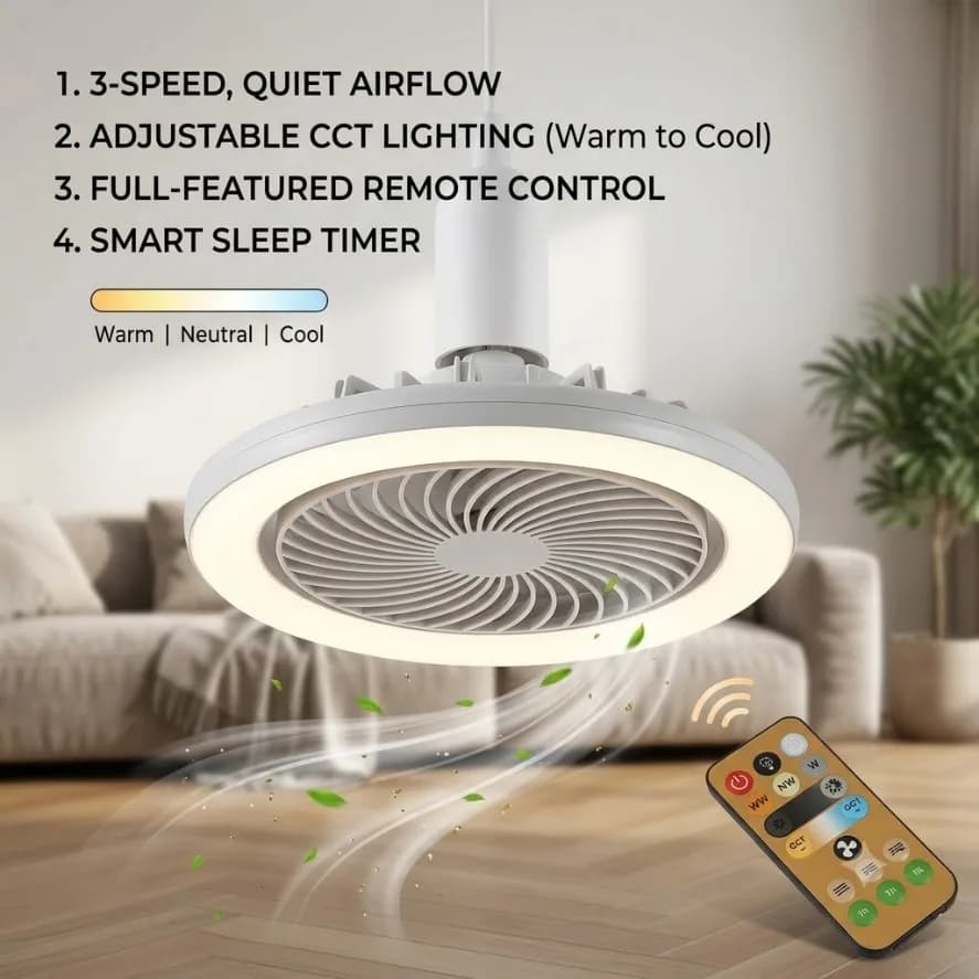 30W E27 Rotatable 3in1 Ceiling Fan with Remote Control Lighting Lamp E14 B22 Converter Base Lighting Base Bedroom Living Room