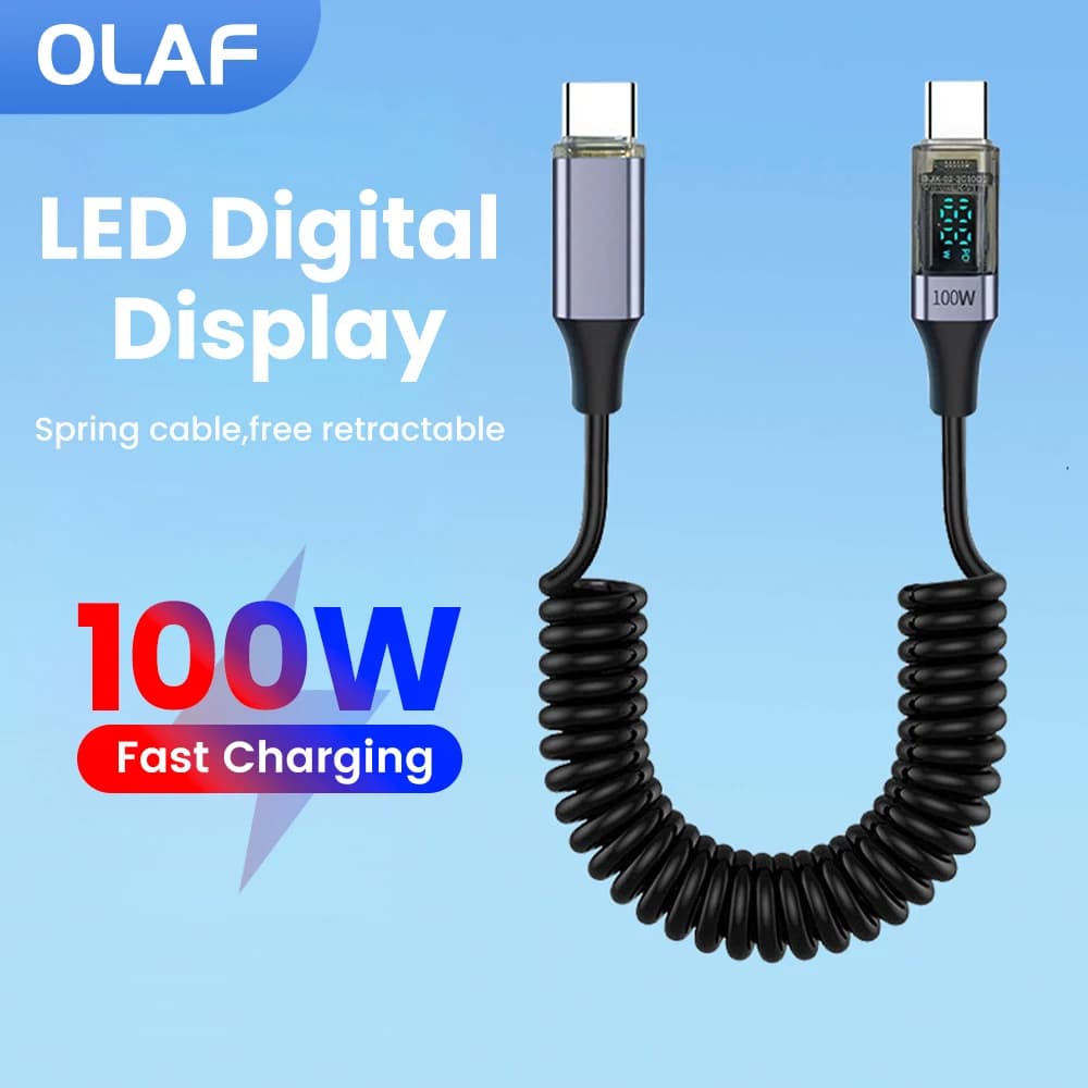 Olaf PD 100W Car Spring Type C to Type C Cable Fast Charging Wire For iPhone 15 Huawei Xiaomi Samsung LED Digital Display Cable