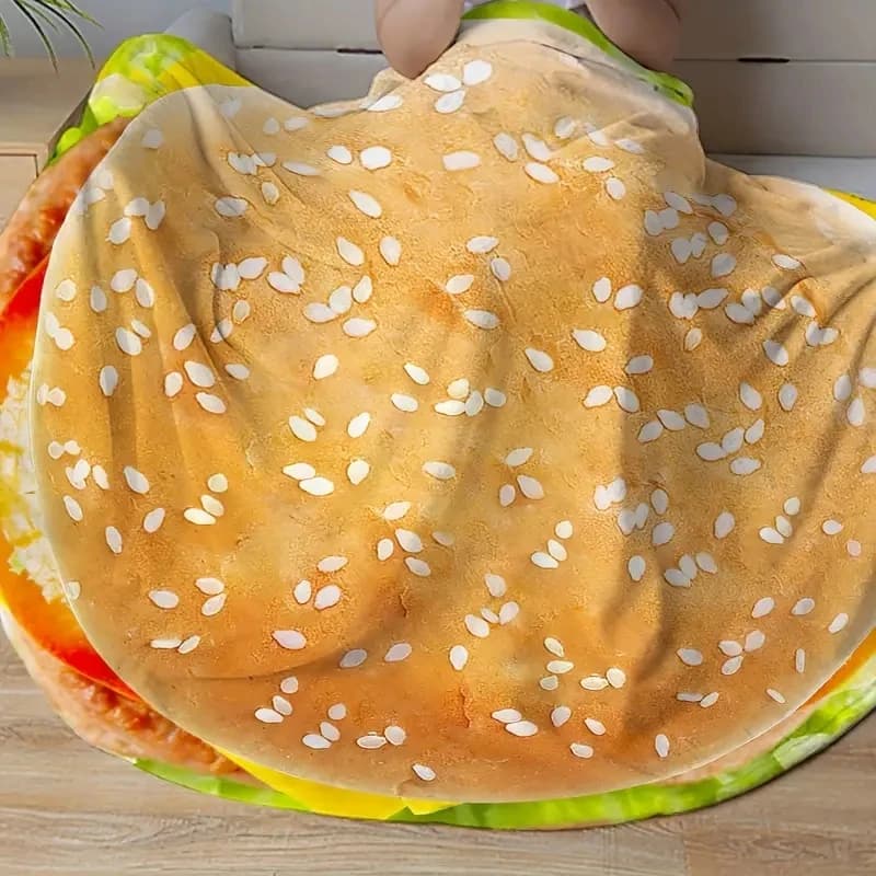 Coperta con stampa hamburger da 1 pezzo, coperta rotonda in flanella per cibo divertente, coperta morbida e calda per divano, divano, ufficio, letto, cam