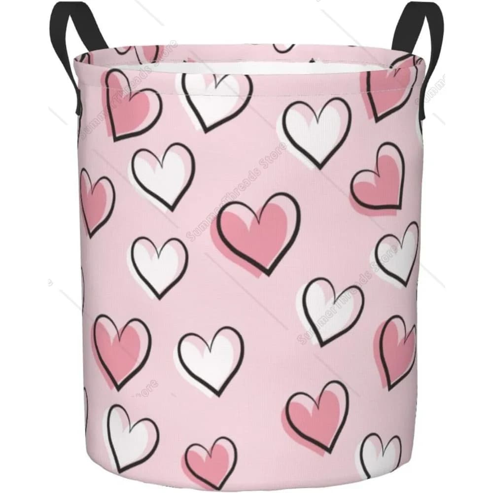 Love Heart Round Canvas Basket with Handle, Foldable Canvas Container, Laundry/ Toy Bag