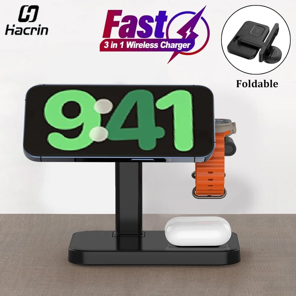 Caricabatterie wireless Stazione di ricarica rapida magnetica pieghevole 3 in 1 per iPhone 16 15 14 13 12 Pro Max Apple Watch 9 8 7 6 5