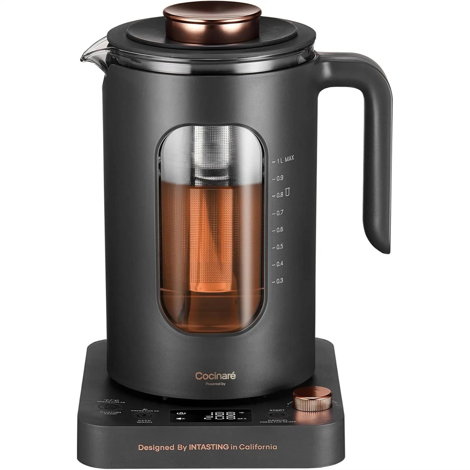 Bollitore Elettrico in Vetro con Infusore, Controllo Preciso della Temperatura, Riscaldamento Rapido 1200W, Senza BPA, 1L Grigio Scuro