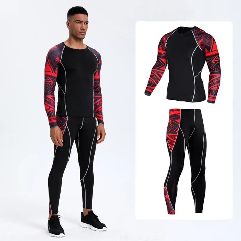 Men's PRO Sports Fitness Suit: Long Sleeve T-shirt with quick drying and super elastic compression pants for running, training