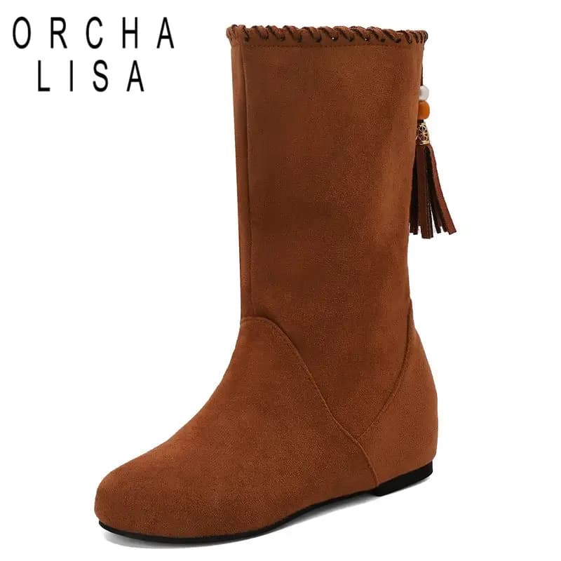 ORCHA LISA Hot Women Mid Calf Boots Round Toe Flock Suede Flats Dual Wear Plus Size 46 47 48 Leisure Daily Female Fringe Autumn