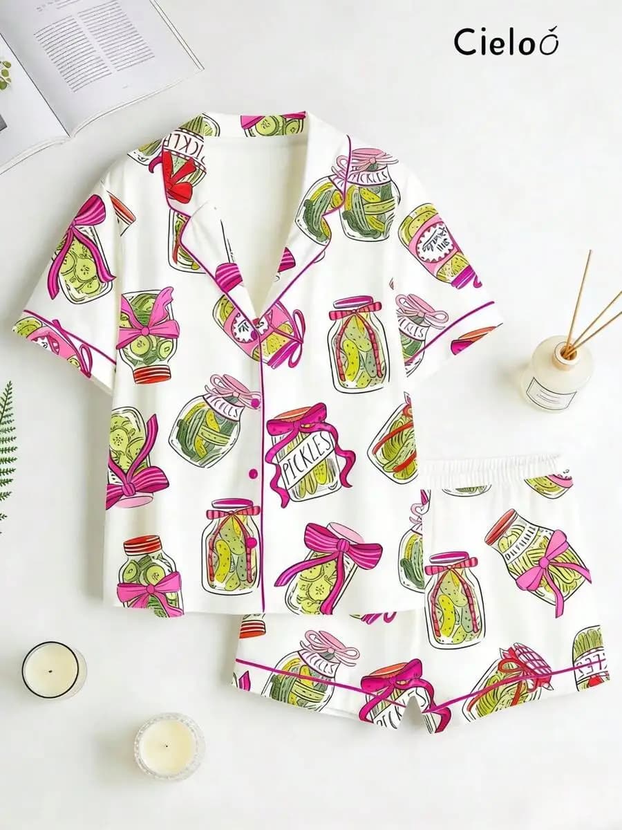 Set pigiama in due pezzi con stampa di cetrioli sottaceto per donna, top e pantaloncini a maniche corte morbidi e traspiranti