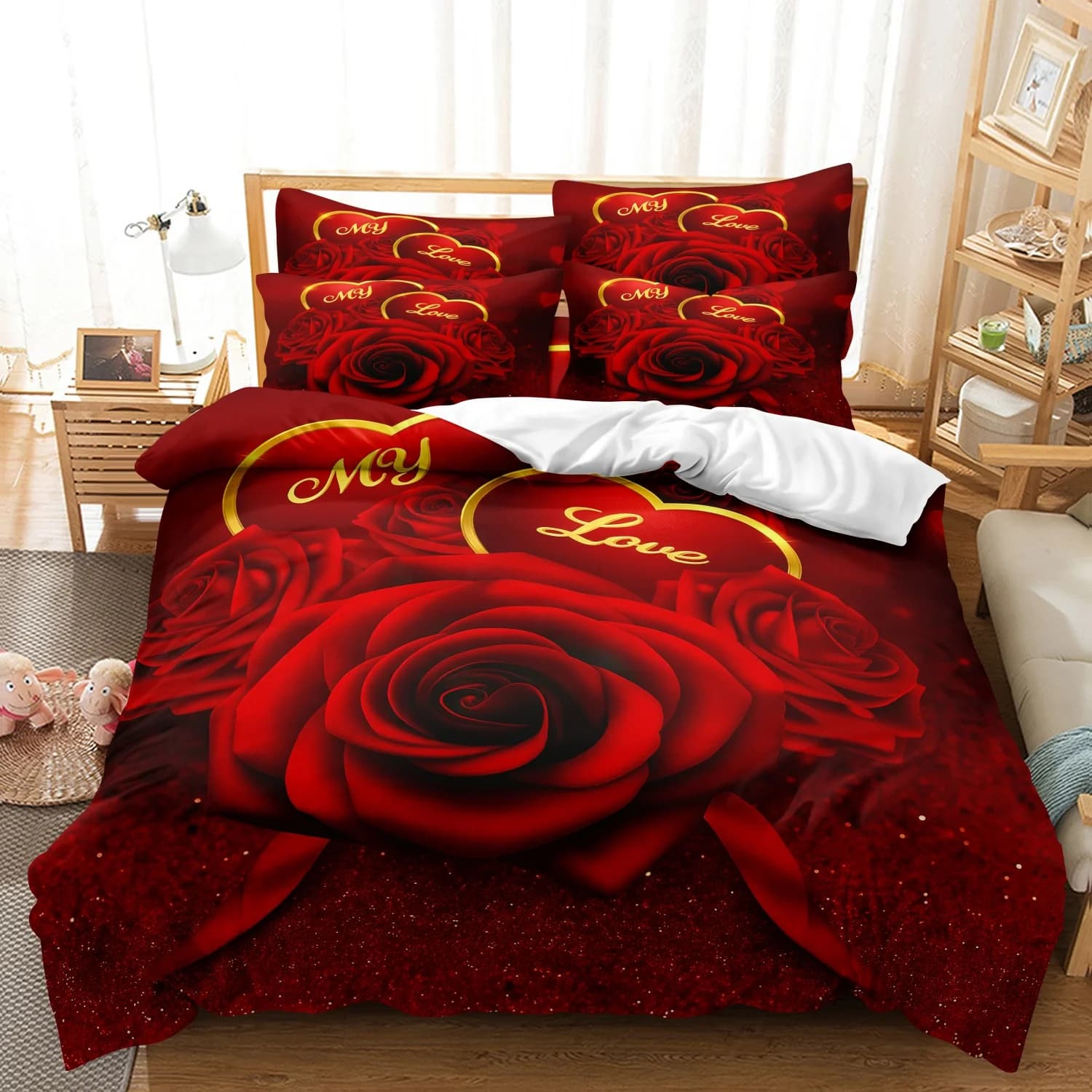 Red Glitter Rose My Love Golden Heart 3 Pieces Duvet Cover Set, Romantic Floral Print Bedding, Soft Bedding Decor Couples