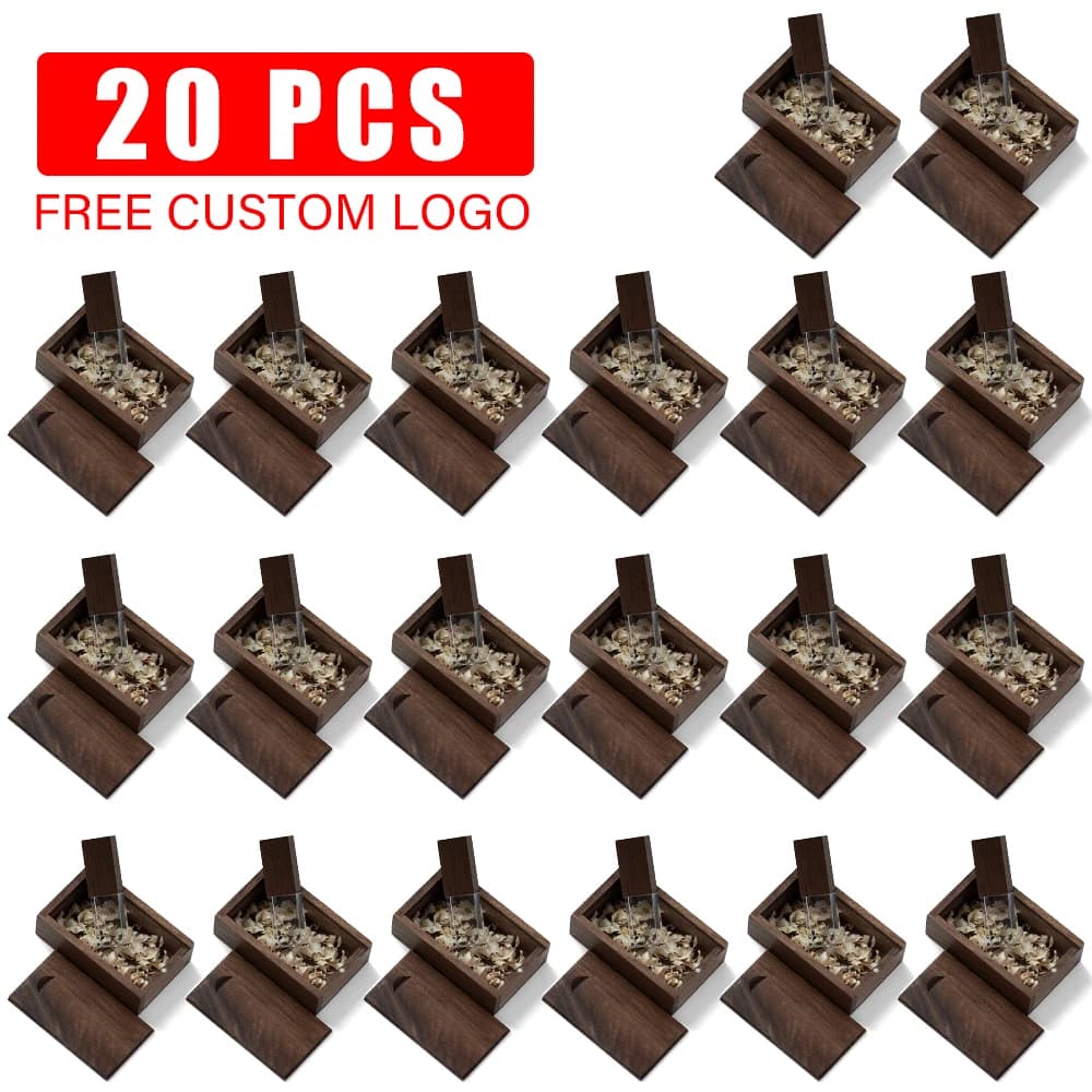 20 PCS Lotto USB Flash Drive Memory Stick Logo personalizzato gratuito Scatola di legno Pen Drive Dispositivo di archiviazione Pendrive 128 GB 64 GB 32 GB 16 GB 8 GB