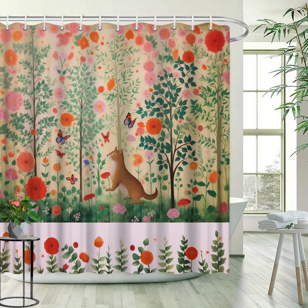 Tenda da doccia con paesaggi naturali floreali - Motivo di animali e farfalle, sfondo di piante colorate, arredamento per il bagno in poliestere, 12 ganci