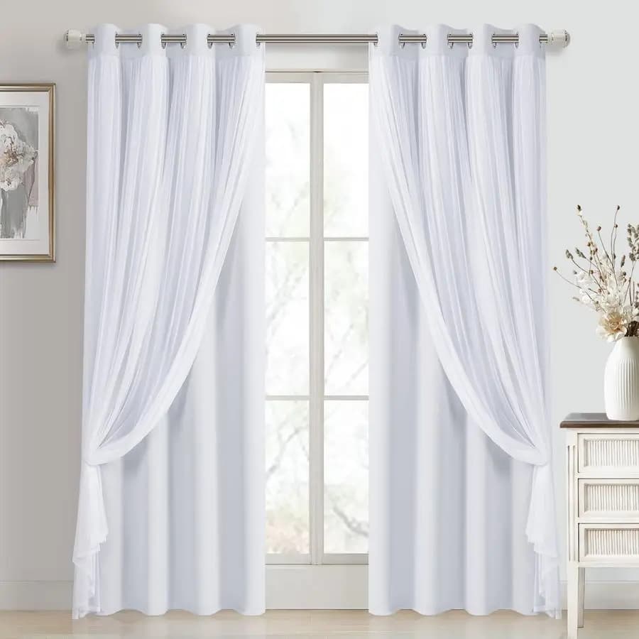 Dark White Curtains with Transparent Overlay, Double-layered Thermal Insulating Panels for Bedroom and Living Room