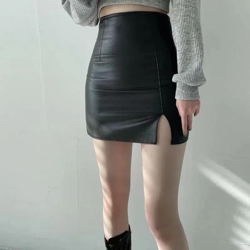 Smvp Balck Minigonna in pelle PU Donna Sexy Skinny Vita alta Gonne laterali divise sui fianchi Autunno Nuova gonna corta coreana da donna da ufficio