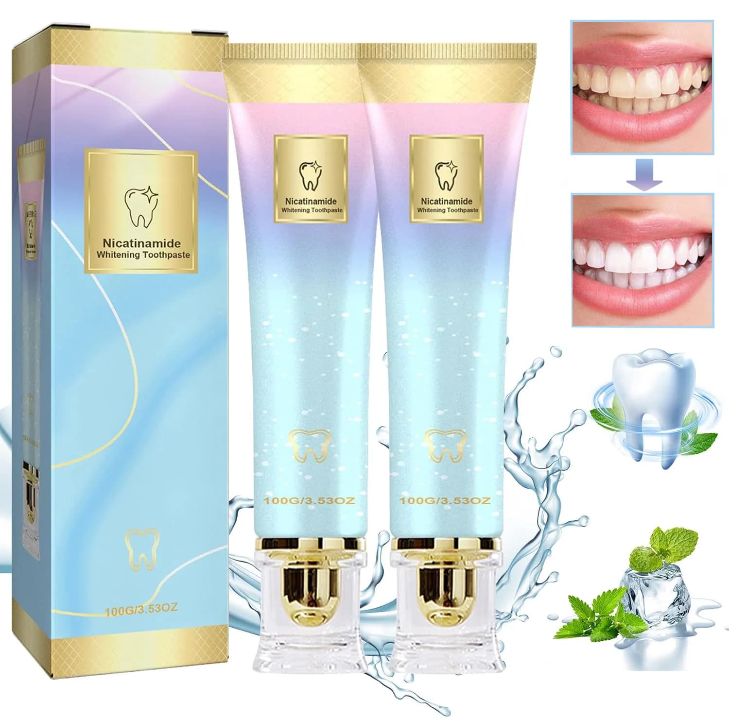 2 mint whitening toothpastes with niacinamide, reduce yellow spots and remove the plaque, brighten the teeth, cure the gums and have an anti-jailing formula.