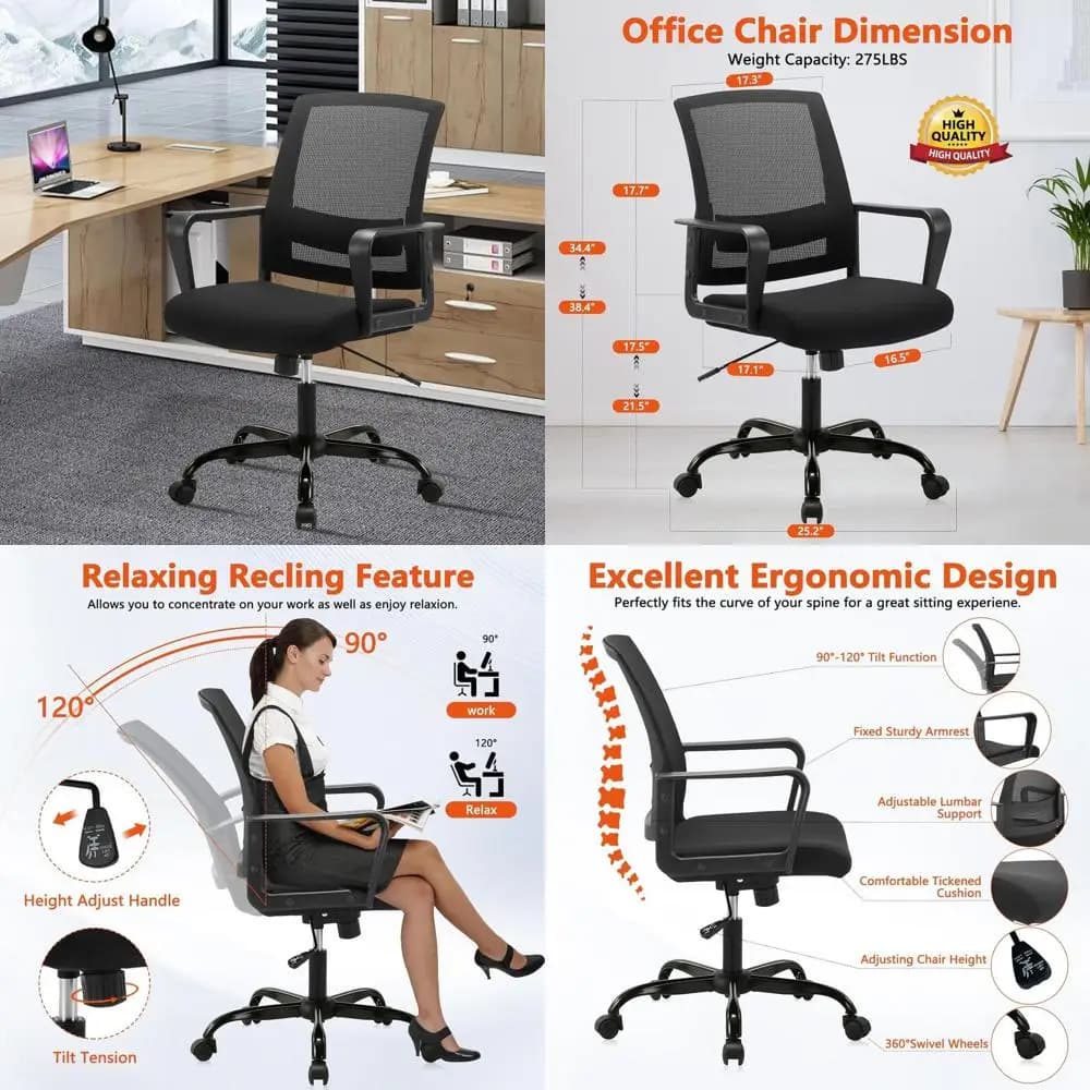 Sedia girevole ergonomica regolabile con schienale in rete e supporto lombare Executive per l'home office, nera, confezione da 8